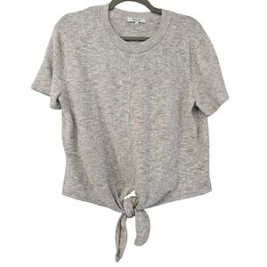 Madewell Women's L Cozy Relaxed Beige Marl Cotton Short Sleeve Tie Front Sweater